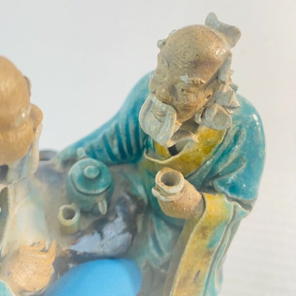 Antique c.1900 Handmade Shiwan Mudmen Two Old Men Seated Drinking Sake Tea - Picture 14 of 15